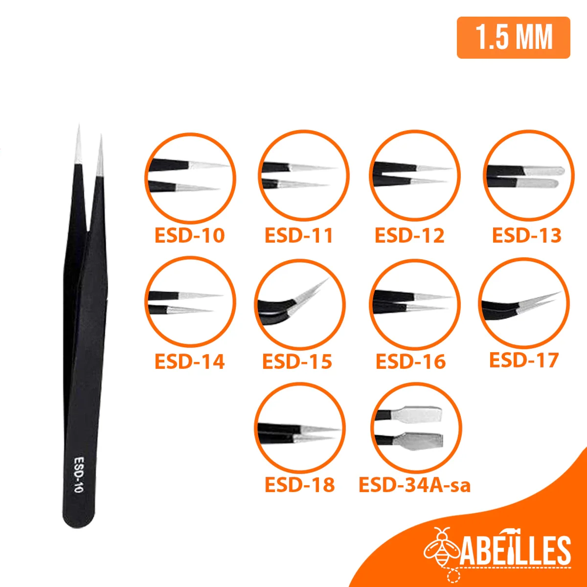 1.5MM ESD Anti-static Stainless Steel Tweezers ESD-10 ESD-11 ESD-12 ESD-13 ESD-14 ESD-15 ESD-16 ESD-17 ESD-18