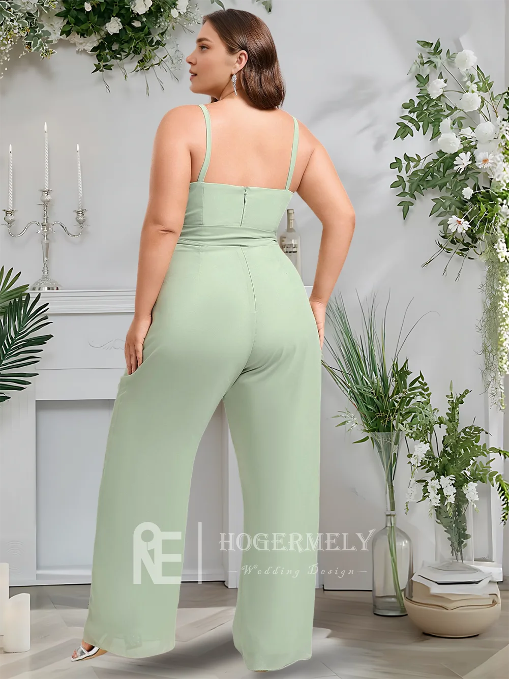B Celadon mono pantsuit cuello cuadrado hasta el suelo vestidos de dama de honor de gasa con tirantes finos fiesta de boda 2025 ​