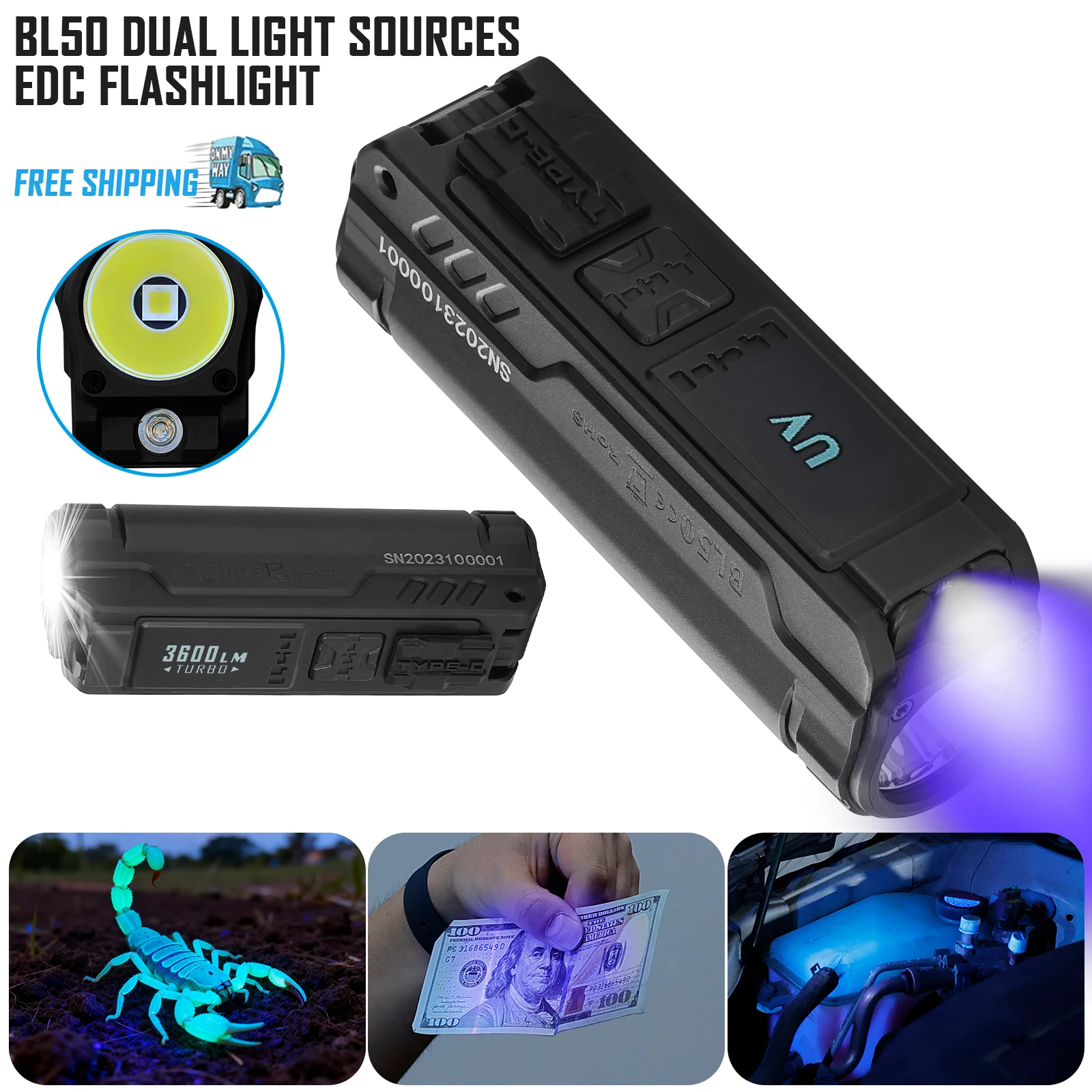 IMALENT BL50 EDC Flashlight 3600 Lumens Cree XHP50 HI LED Type-C Rechargeable Dual Light Source for Camping and Work Lights.