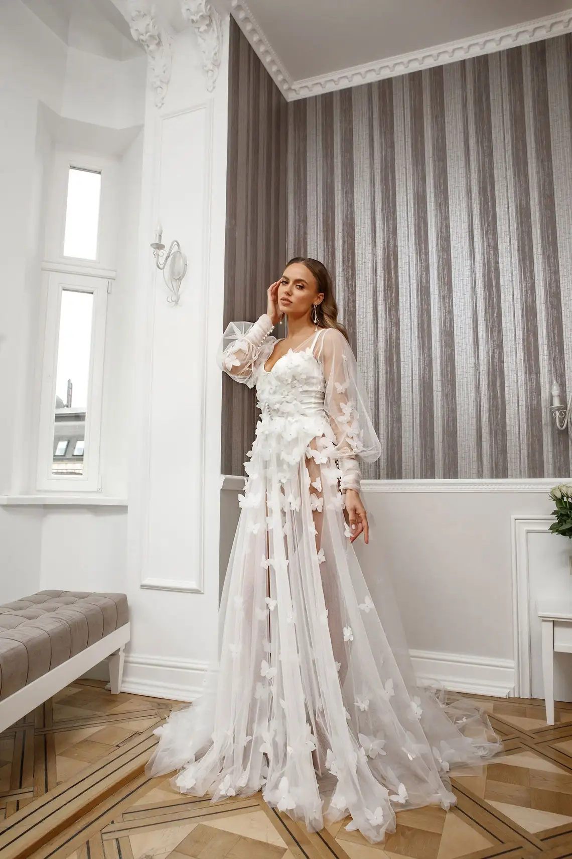 Schmetterling Elfenbein Hochzeit Robe Maxi Braut Bademantel Dessous Frauen Kleider Tüll Pyjamas Mit Langarm Kleid Für Engagement Fotos