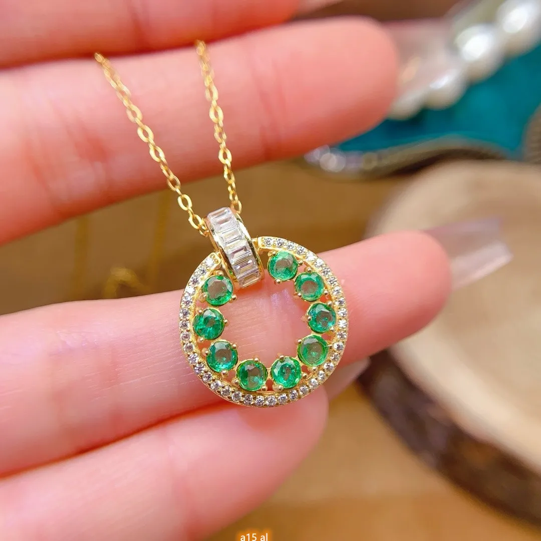 Jewelry Girl Pure Natural Emerald Necklace Pendant 925 Pure Silver Plated Gold Christmas Wreath Gift for Girlfriend's Wedding