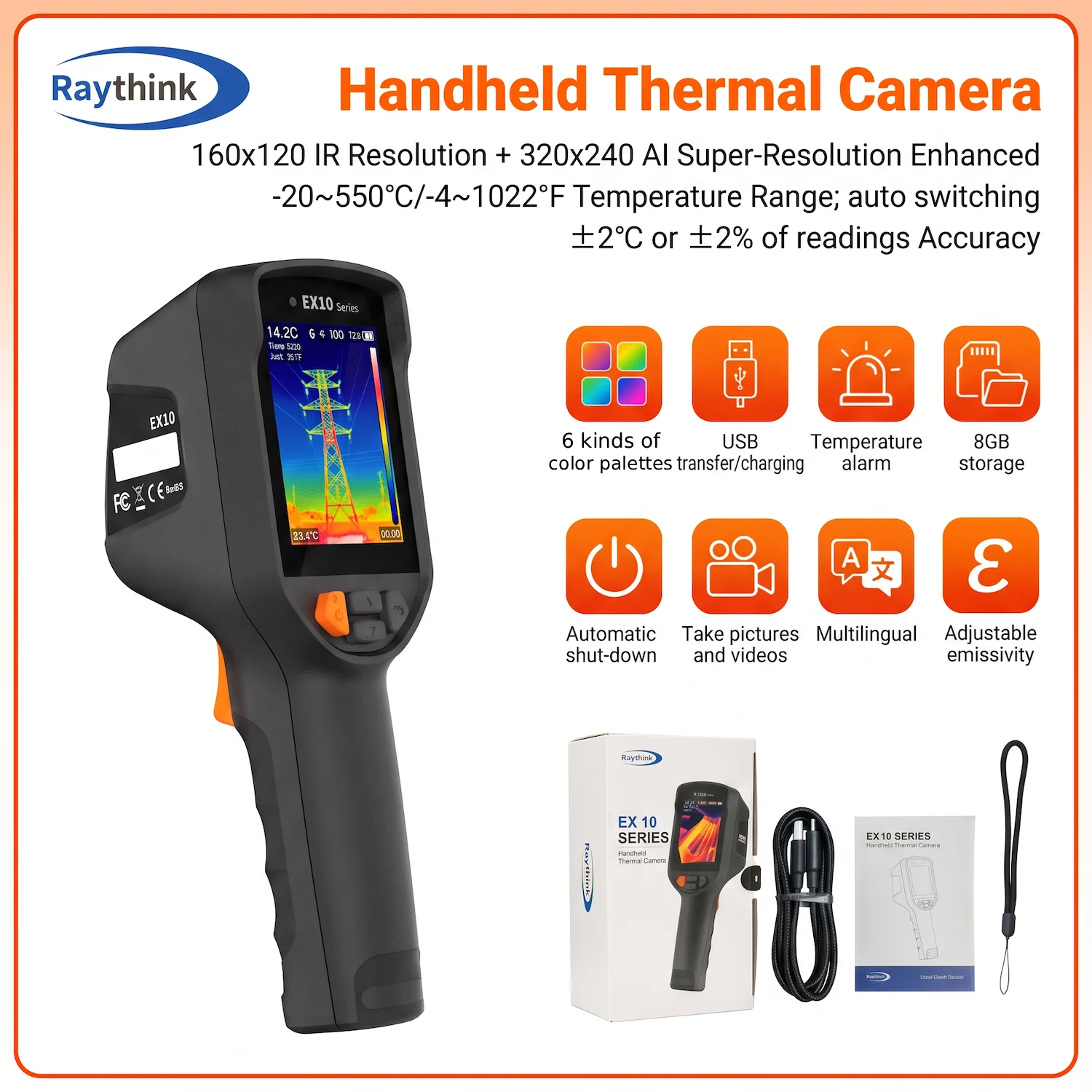 EX10 Infrared Thermography Camera for HVAC Technicians, -20°C~550°C Auto Range, 2.6mm Lens, 40°x30° FOV, Raythink,  2.8-Inch