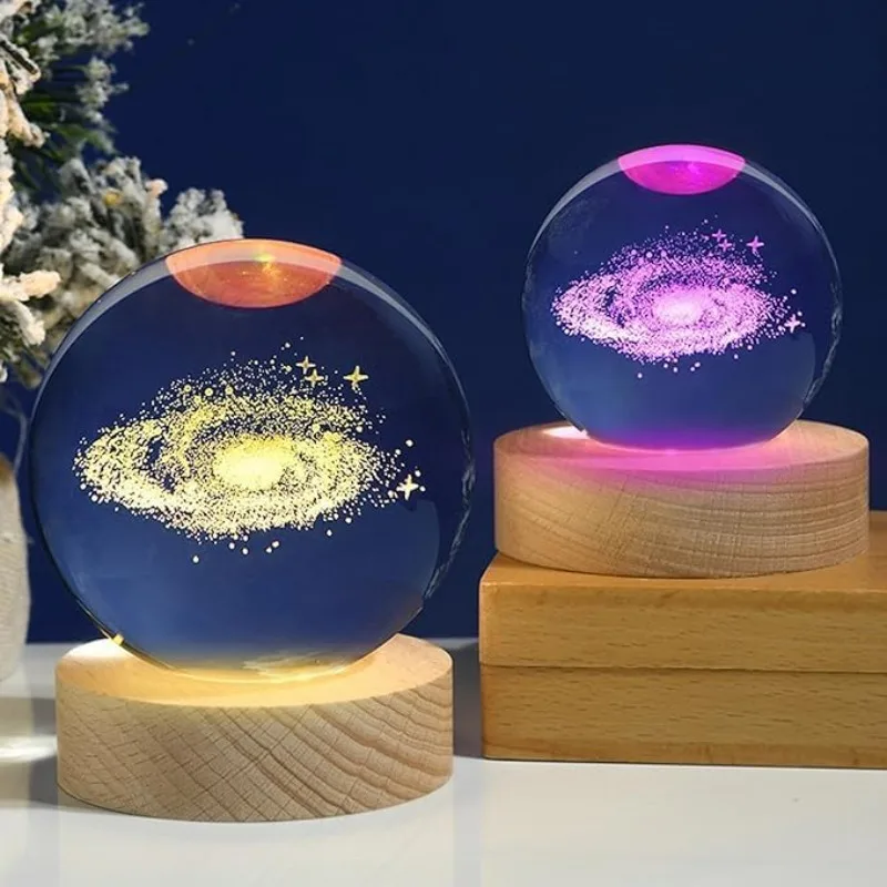 3D Crystal Ball Night Light With 7 Color LED Light Base Laser Carved LED Lamp with Wooden Colored For Home Bedroom Decoration