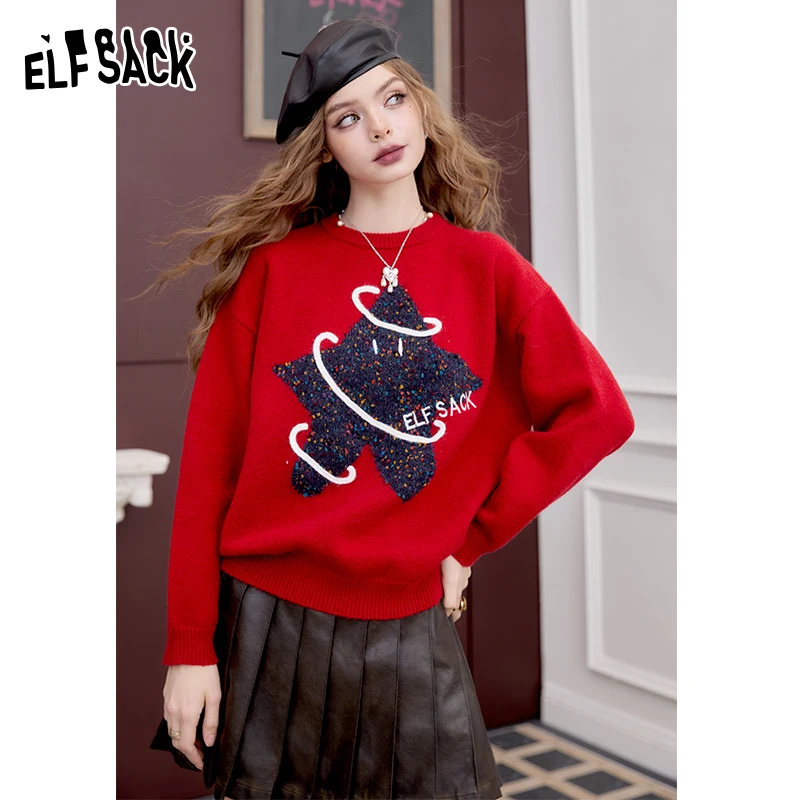 

ELFSACK 2024 Winter New Arrivals Cute Stars Red Pullover Sweater for Women All-match Round Neck Long Sleeves