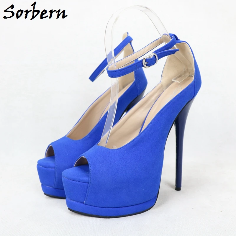 Sorbern Bright Blue Women Pump Shoes Peep Toe Thin Ankle Straps Platform Shoes Stilettos Round Heels Sissy Boy Party Heels