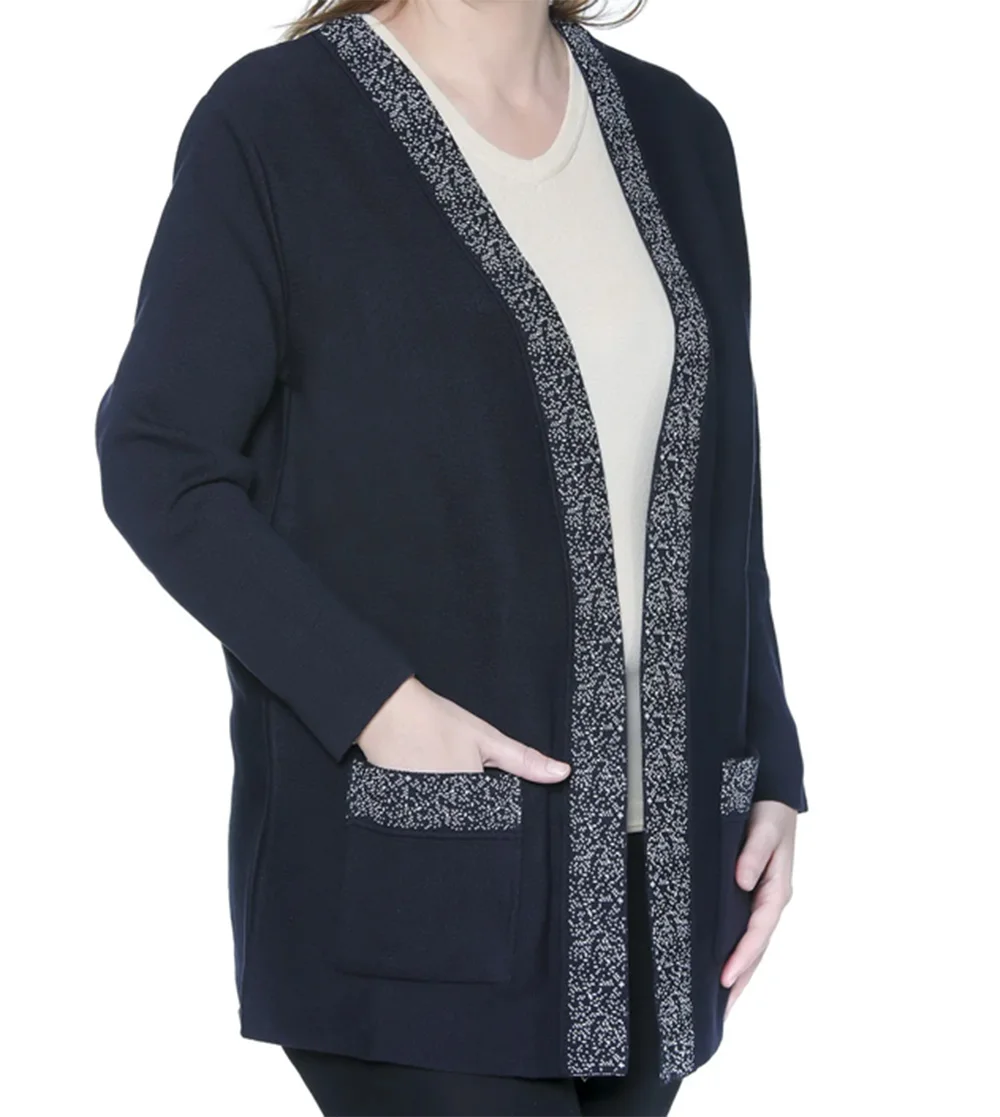 Winter Black Sized Knitwear Women's Cardigan Mother's Cardigan with Patterned Collar and Pockets