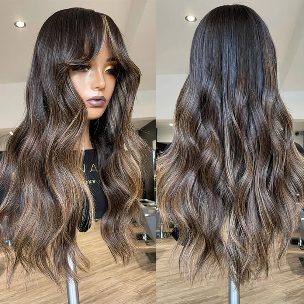 Long Middle Part Wavy Women Full Lace Wigs Curtain Bangs Dark Brunette Balayage Lace Front Wigs Glueless 13x6 HD Lace 200%