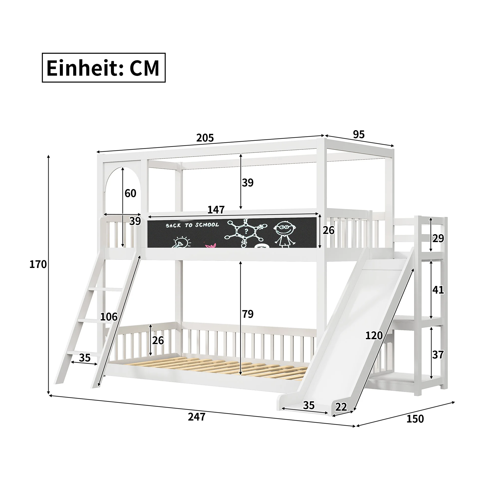 90x200cm Doppelbett mit Treppe und Rutsche, Bett mit Zaun, Bett mit Kinder tafel, umwelt freundliches Massivholz