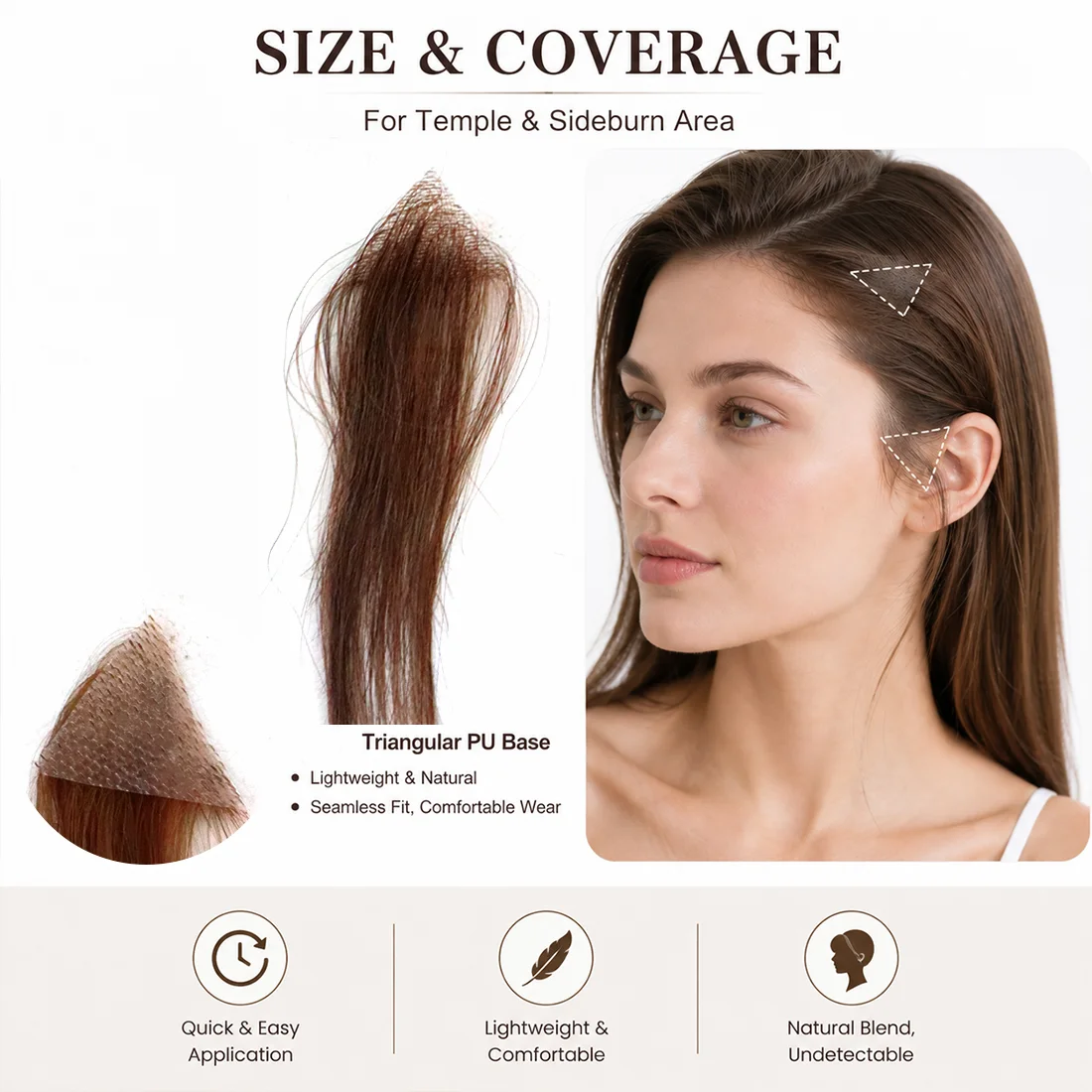 Invisible 3x3 Triangle PU Base Hairpiece for Women, Lightweight Hairline Topper Patch for Temple Coverage