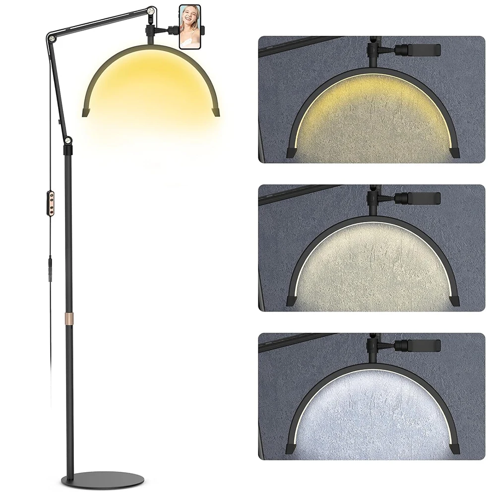 Lampe de chevet demi-lune 20W, lumière vidéo LED sur pied, lumière d'appoint 3000K-6000K, dimmable avec support de téléphone et télécommande