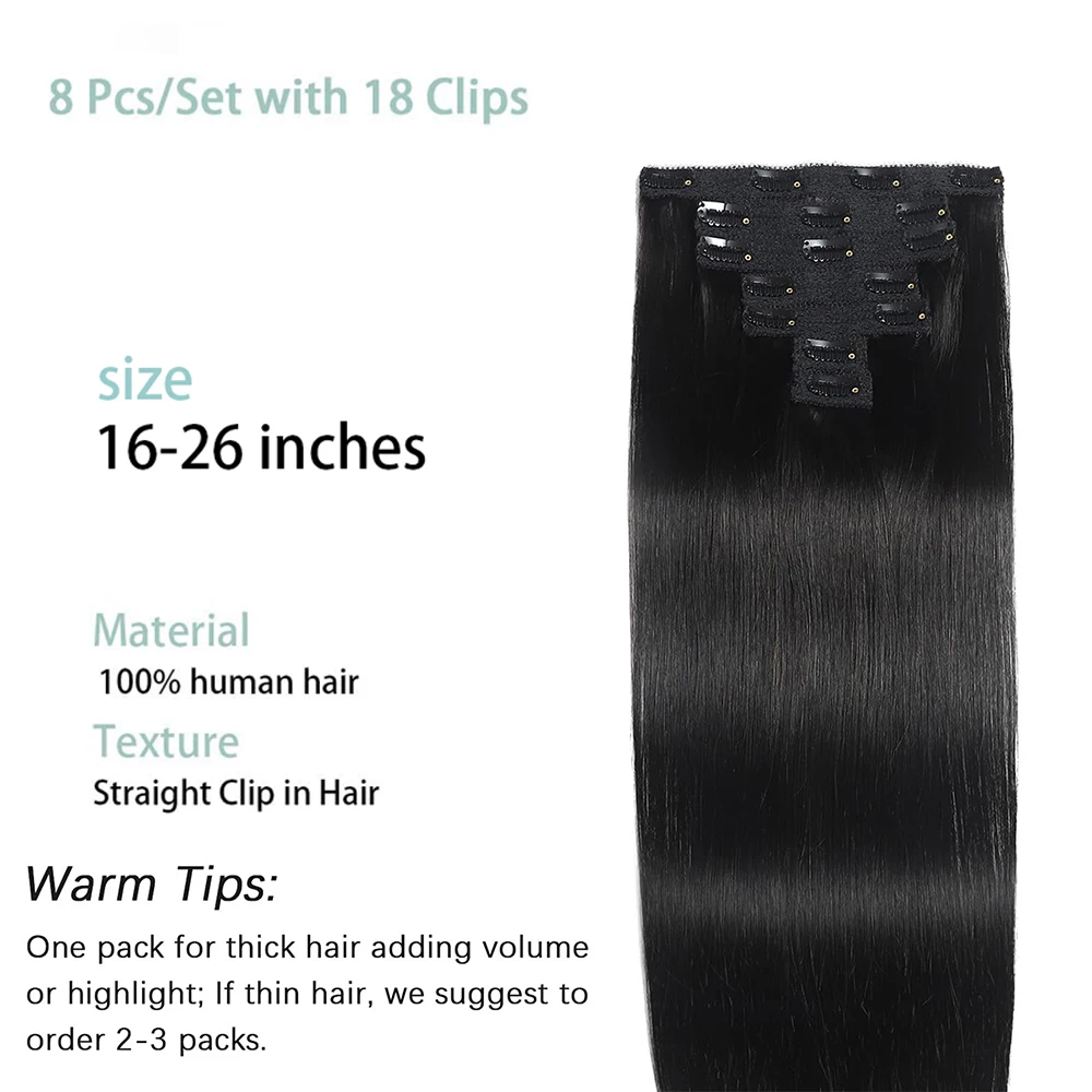 Straight Human Hair Clip in Hair Extensions  100% Unprocessed Full Head Brazilian Virgin Hair Natural Black Color 8Pcs With 120G