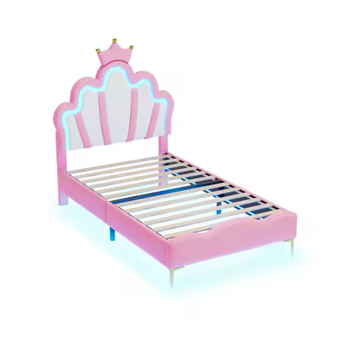 Anajqaqia 90x200cm Children's Upholstered Bed, Princess Bed, Single Bed with LED Lighting and Crown-Shaped Headboard, PU, Pink