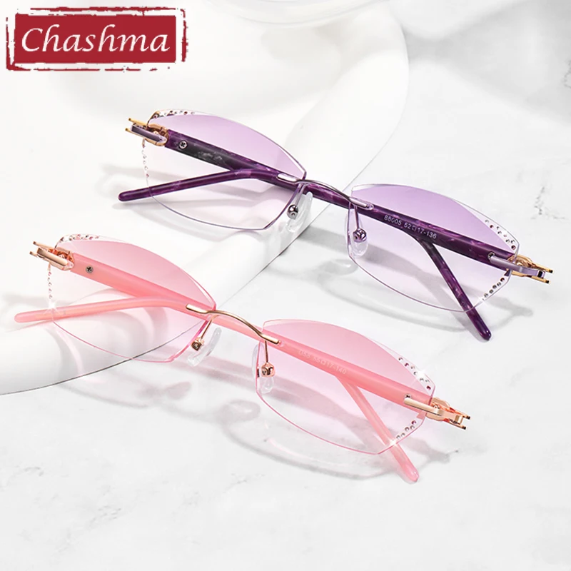 Chashma Prescription Glasses Women Fashion Titanium Diamond Trimmed Rimless Spectacles Eyeglasses Frames for Myopia Tint Lenses