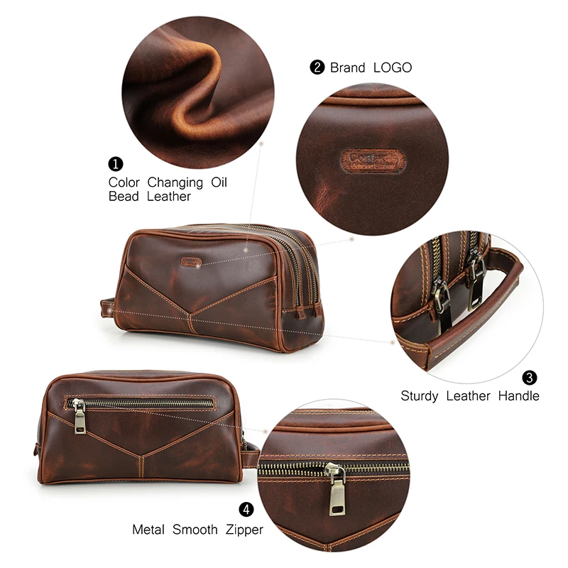 CONTACT\'S genuine leather cosmetic bag for men vintage crazy horse leather man make up bags small travel bags male toiletry bag