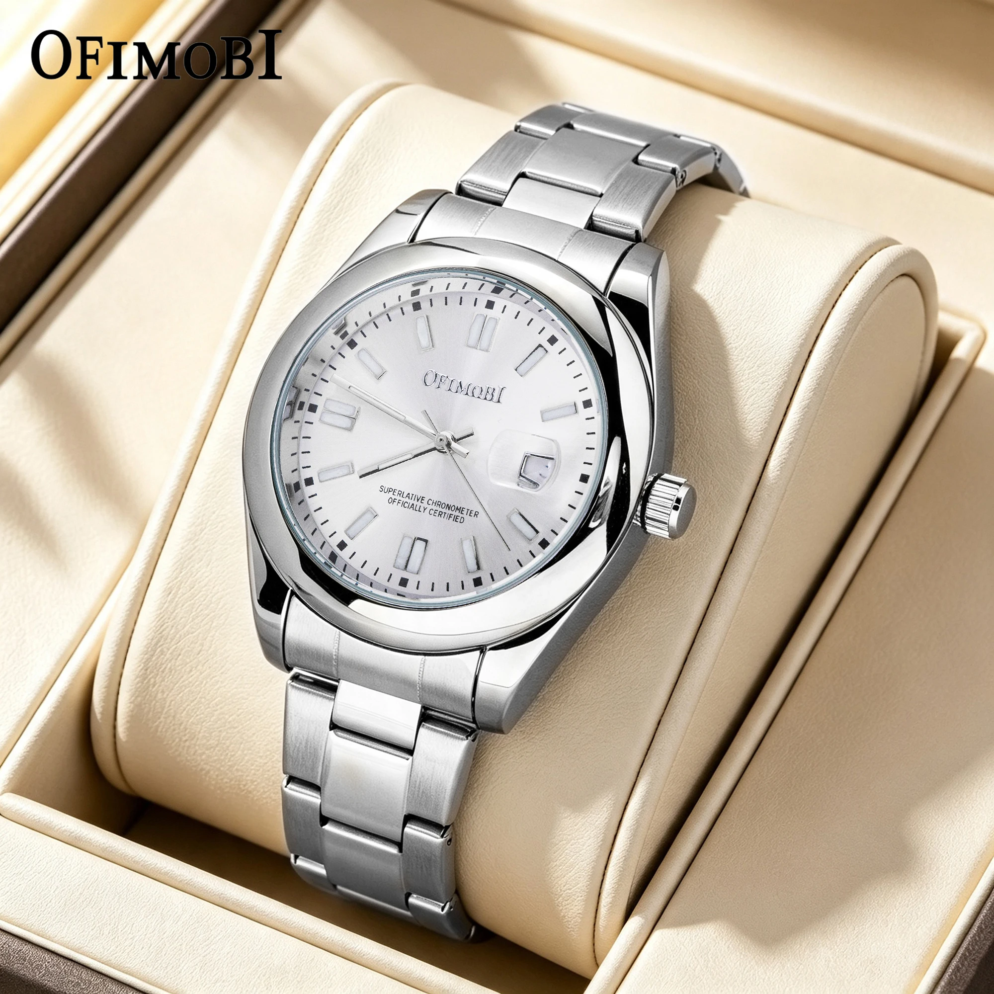 OFIMOBI Men Quartz DJ Watch Stainless Steel Luminous Date Calendar Business Daily Waterproof Wristwatch Gift Set