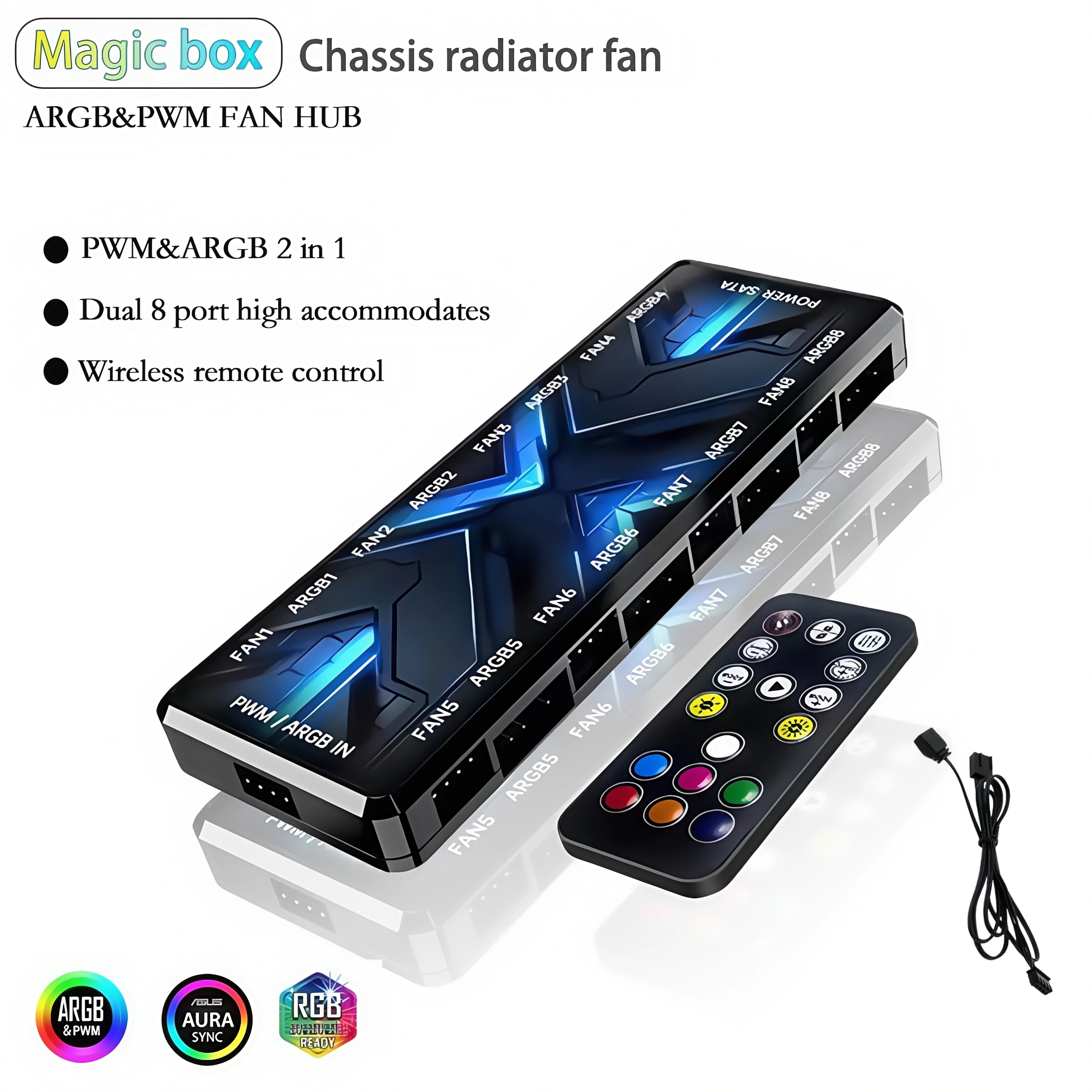 Dual 8-Port ARGB PWM 2-in-1 Case Fan Hub 12V 4-Pin / 5V 3-Pin  Standard Edition / Remote Control Edition (Battery Not Included)