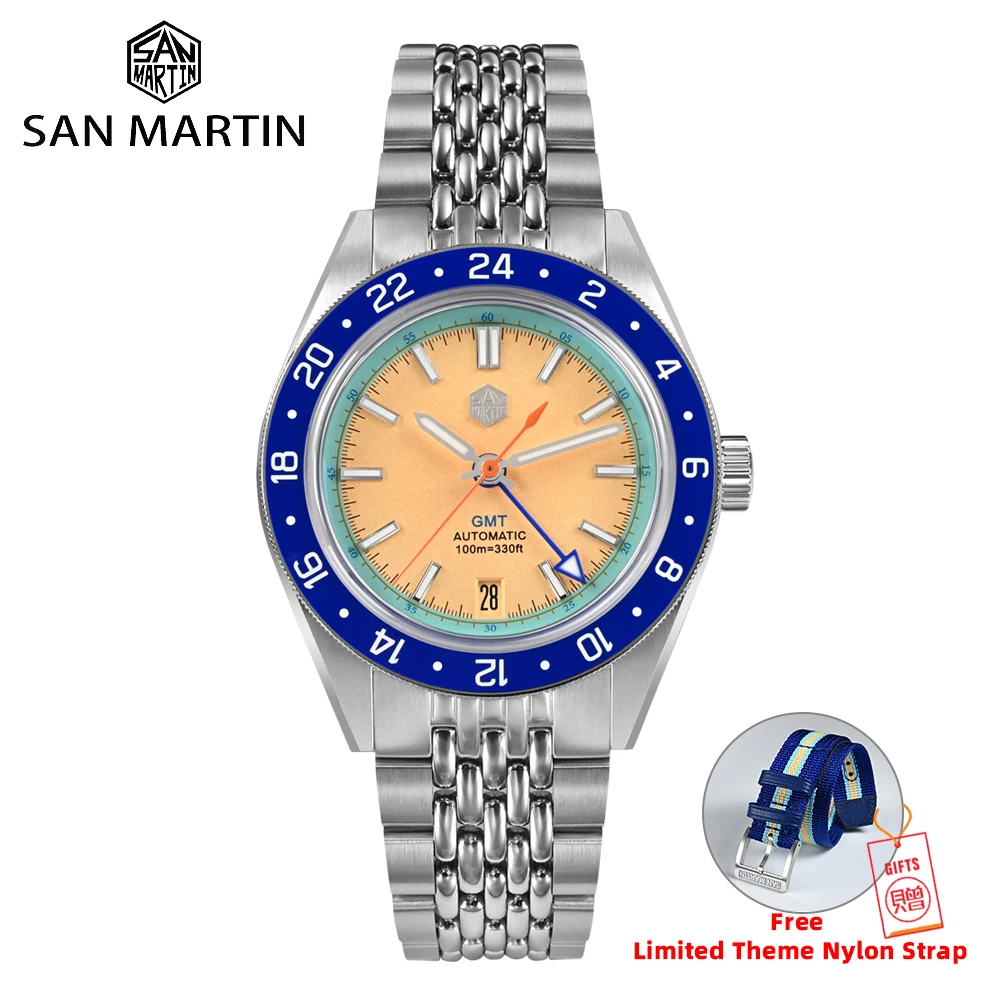 

San Martin Design 39.5mm GMT Men Watch Fashion Limited Edition NH34 Automatic Mechanical Wristwatch Date 10Bar Luminous SN0116