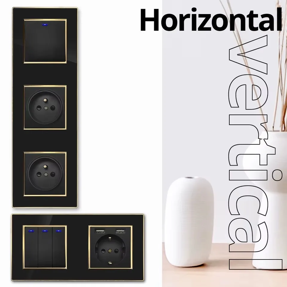 5 Gang Apartment Blocks Rocker Switch Villa Using Bedside Wall Switch Socket Vertical Layout Panel Module Socket Glossy Black - Image 2