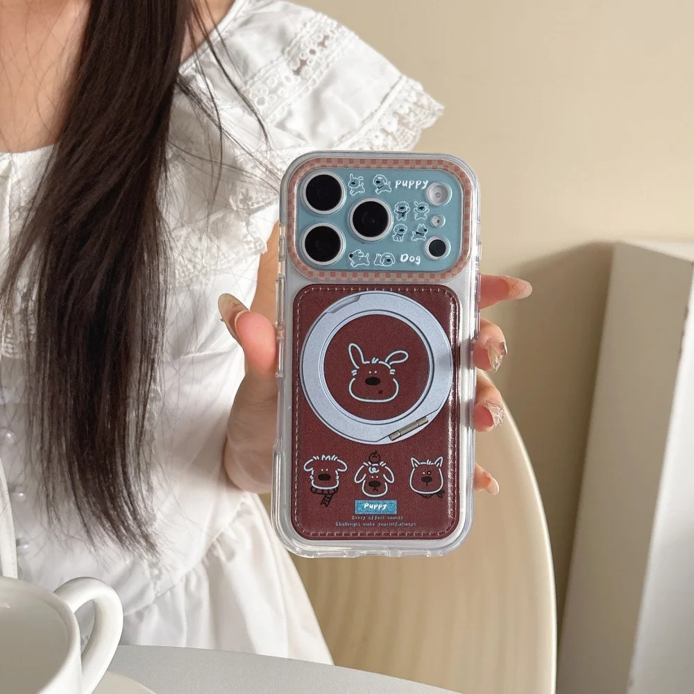 Cute Lines Puppy Phone Case for iPhone 18 Pro Max 15 16 17 18 Pro Cover, with Magsafe Holder, Cartoon Anti-Fall Protective Cases