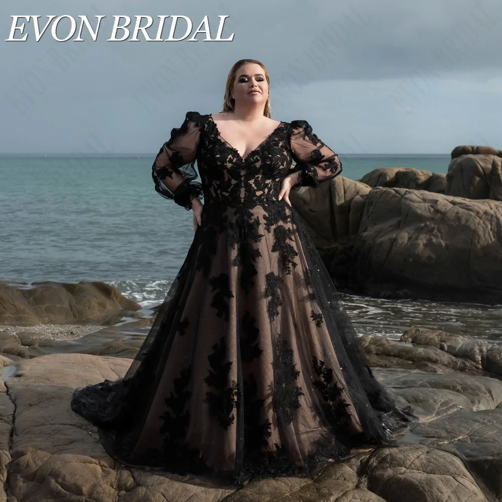 Evon Bridal robe de mariée noire moderne manches bouffantesEVON BRIDAL-Robe de mariée noire moderne avec manches bouffantes, robe de mariée en tulle