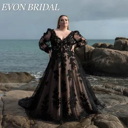 EVON BRIDAL Modern Black Wedding Gowns Puff Sleeves Applique Bride Dresses Tulle A-Line Lace Up Plus Size vestidos de novia