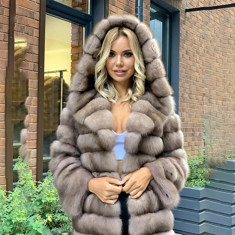 Natural Grey Real Fox Fur Coat Women Luxury Fashion Straight Outertwear Hooded Genuine Real Fur Jacket Female Winter Coat