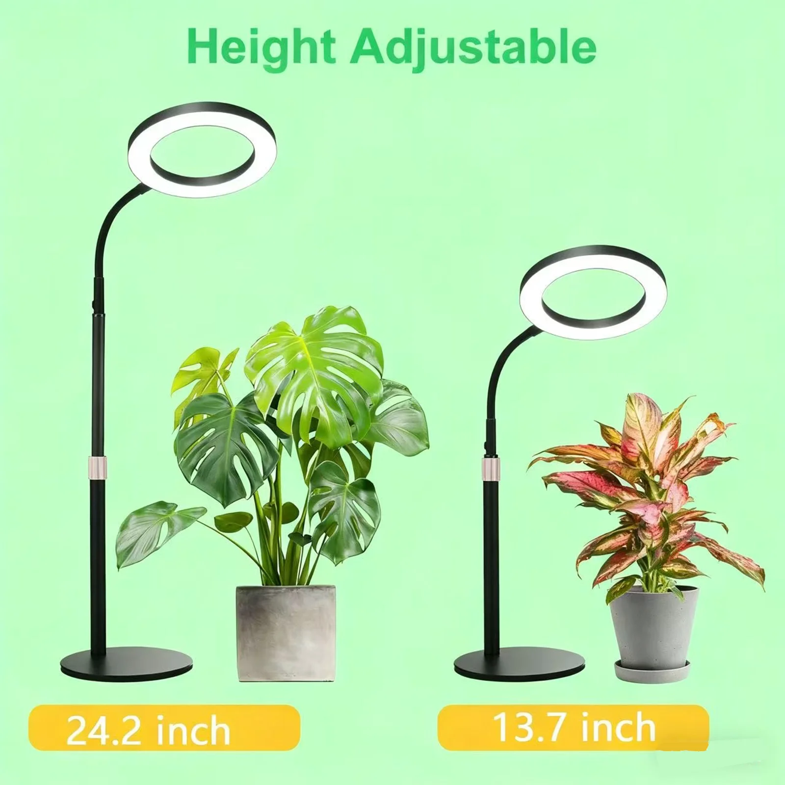 أضواء النمو للنباتات الداخلية، 10 مستويات عكس الضوء ومصباح نمو مرن معقوفة مع قاعدة، ارتفاع قابل للتعديل 13.7-24.2 بوصة
