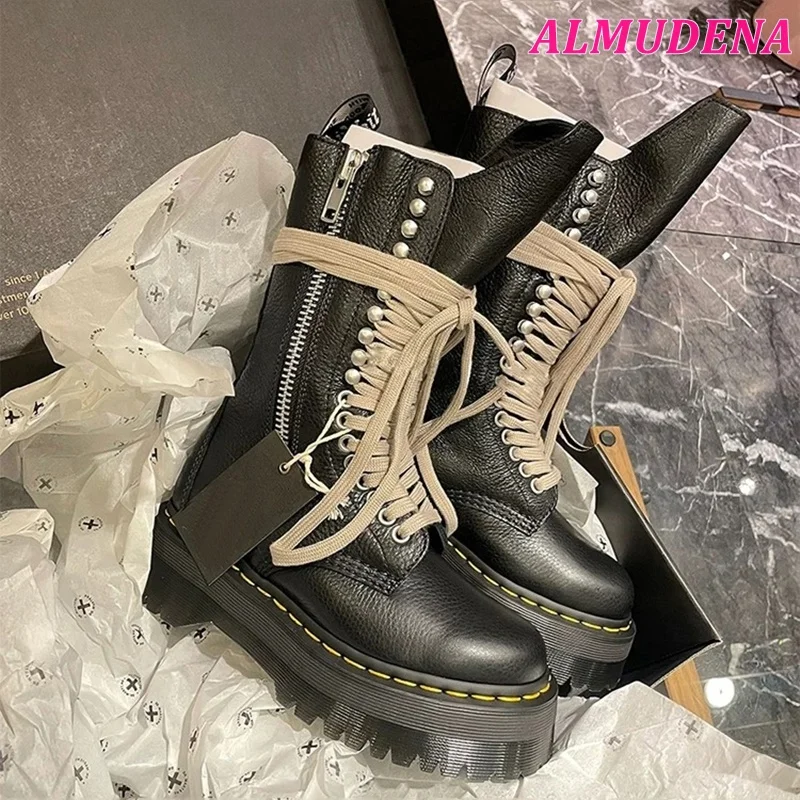 Black Punk Lace up Leather Short Boots Cross Tie Flat Platform Zipper Cool Big Size 2024 Women's Luxury Designer Comfy Shoes