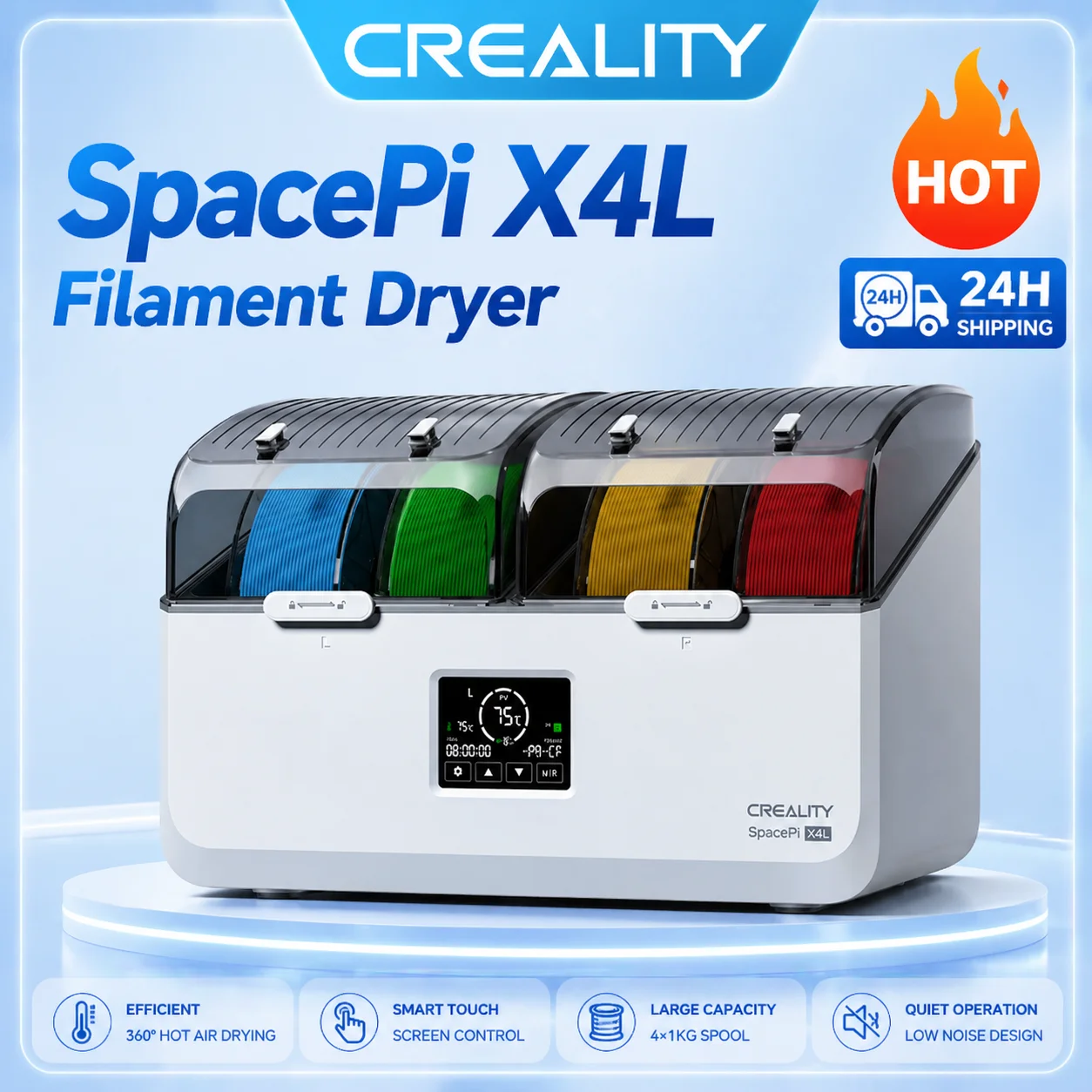 

Сушилка для филамента Creality SpacePi X4L для всех 3D-принтеров, на 4 катушки, для сушки нескольких цветов, с двумя независимыми нагревательными камерами, до 75°C ℃