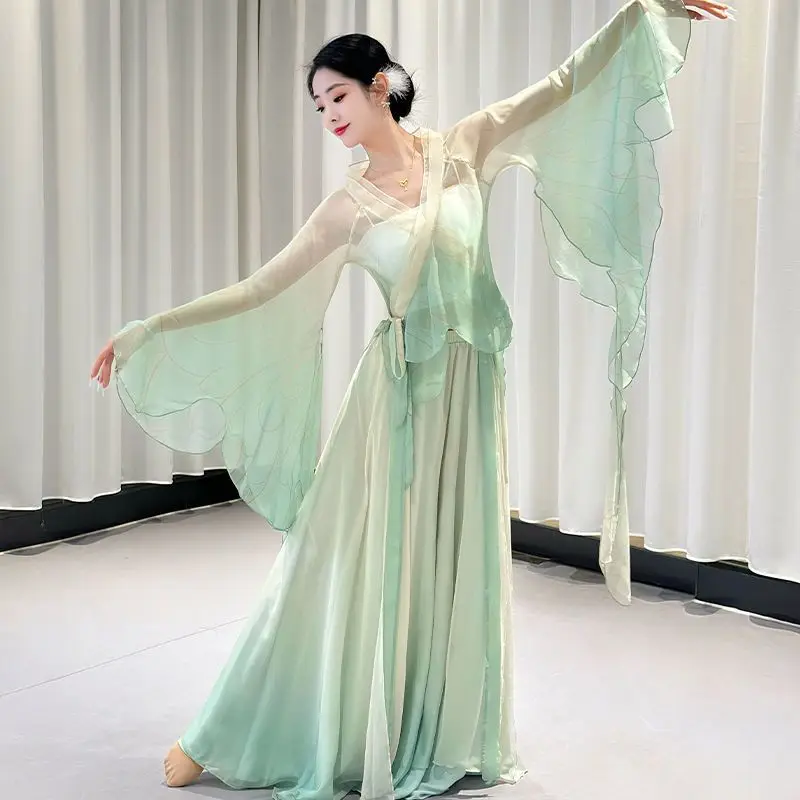 Chinese Style Folk Dance Dress Women Classical Dancer Performance Costumes Elegant Practice Clothes Green Chinese Dance Costume