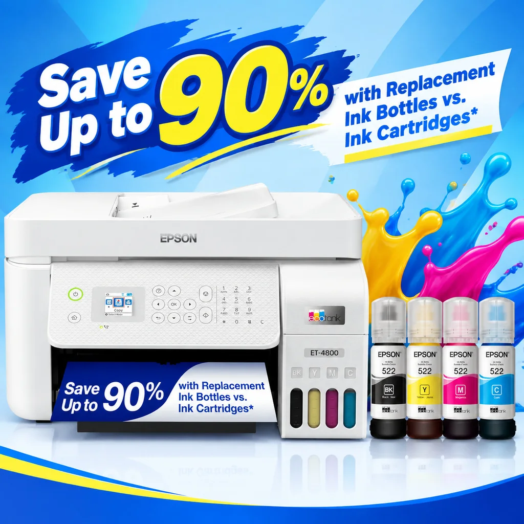 Epson EcoTank ET-4800 All-in-One Color Inkjet Printer, Scanner, Copier White