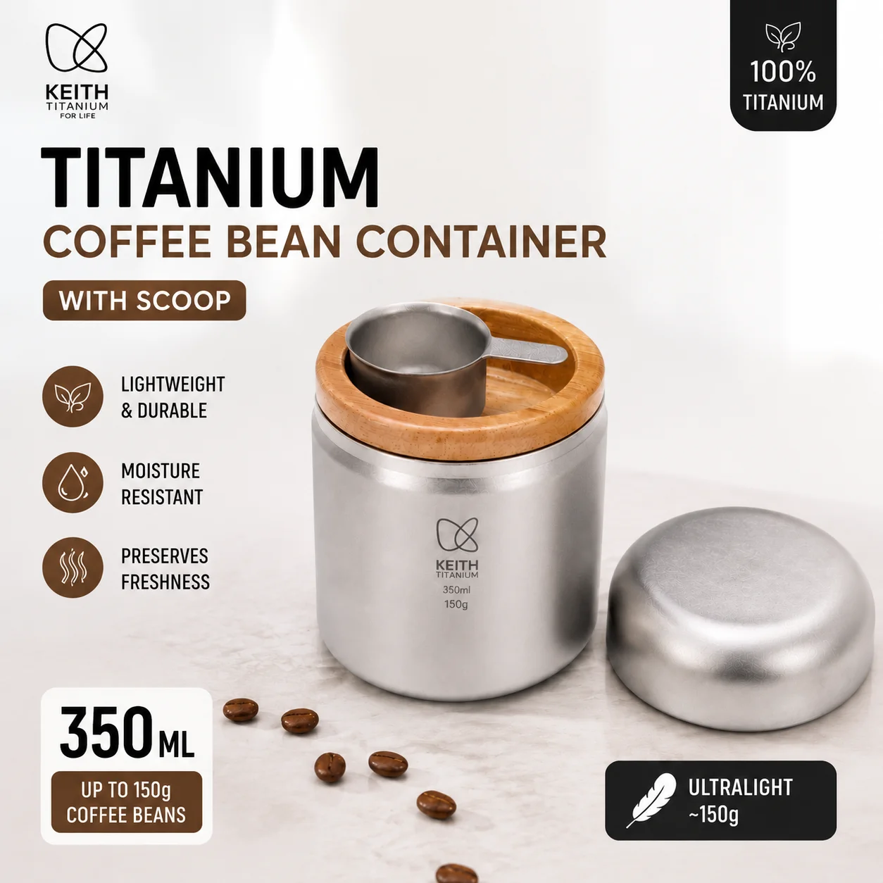 KEITH Pure Titanium Coffee Canister 350ml Airtight Storage Container with Measuring Spoon for Tea Bean Spice Outdoor Home Ti362