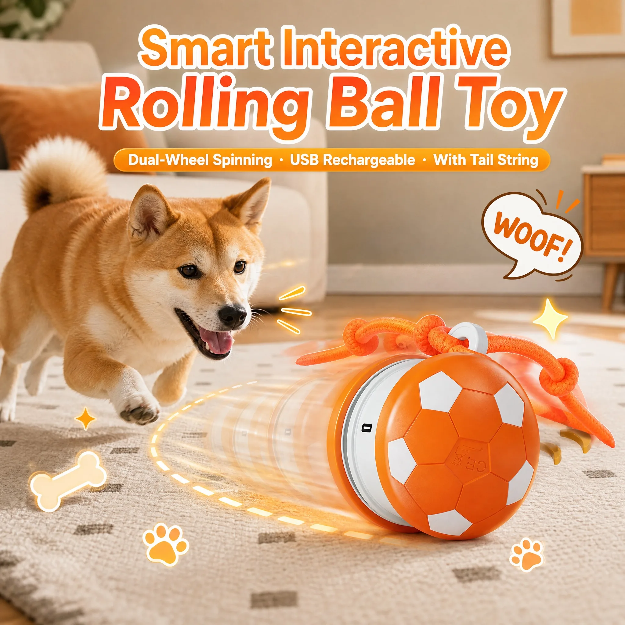 Smart Interactive Dogs Toy Balls Pets Dual-Wheel Spinning Electric Ball USB Rechargeable Soccer-Shaped Cat Toys With Tail String