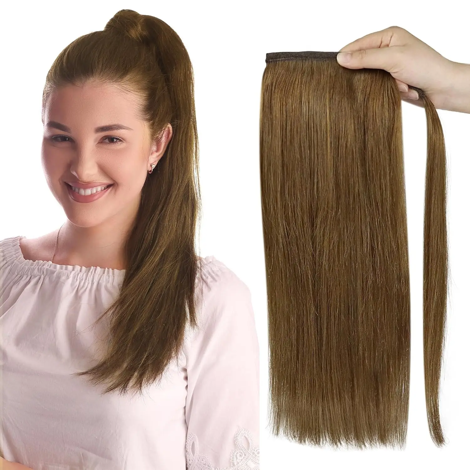 

Полный блестящий хвостик, прямой обертывание вокруг настоящей заколки для волос в хвосте, наращивание волос для коротких волос