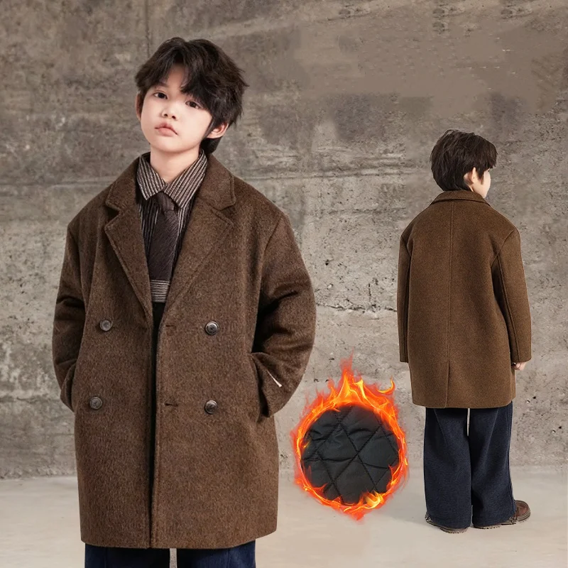 

Зимняя шерстяная смесь для мальчиков, модная детская верхняя одежда свободного кроя, двубортный дизайн средней длины, стеганая утолщенная хлопковая подкладка