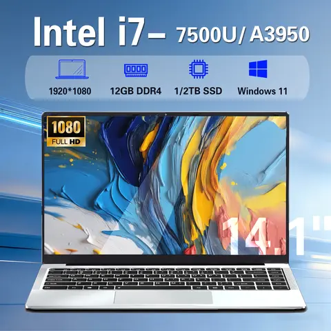 Windows 11 14.1 inch Laptop Computer intel i7 7500U Intel A3950 Laptops 1080P 12GB DDR4 1TB 2TB SSD Portable i7 Laptop Notebook