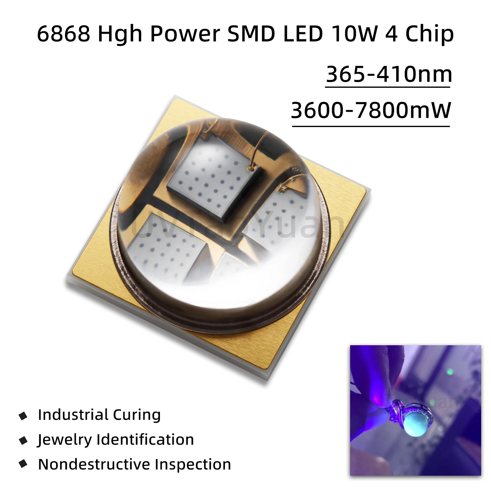 UVTaoYuan 5pcs SMD6868 UV LED Source 10W 4 Chip High Power Industrial Level LED Chip for Resin Paint Ink Curing