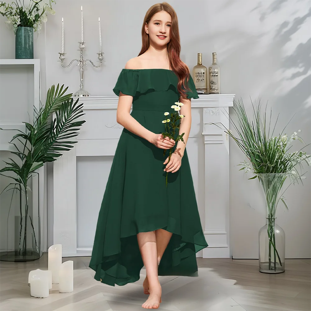 

Luxurious Off Shoulder Junior Bridesmaid Dress Moonlight Mauve Flower Girl Dress Asymmetrical Chiffon With Tiered Ruffles