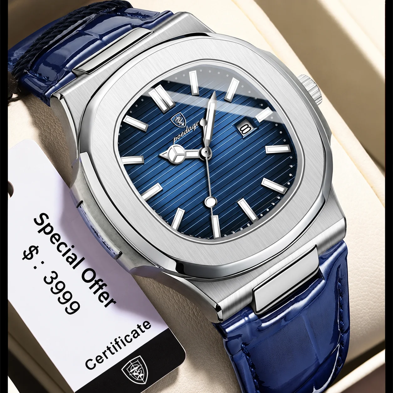KAIRIS Men's Quartz Watch Blue Dial Leather Strap Stainless Steel Case Date Display Business Casual Wristwatch