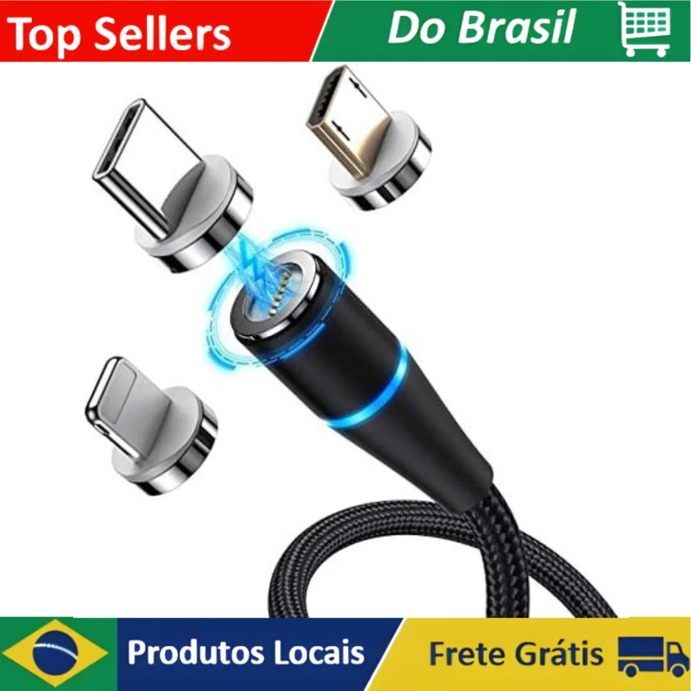 Cabo Carregador Magnético 3 em 1 para iPhone, Micro USB e Type-C - Compatível com Smartphones e Celulares