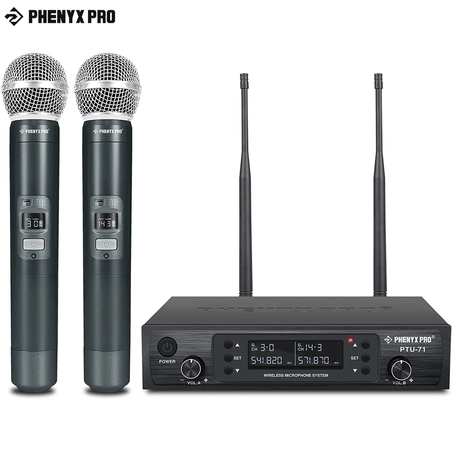 

Phenyx Pro UHF Profeesional Adjustable Dual Wireless Microphone System for Stage Performances Sturdy Metal Build 100M PTU71