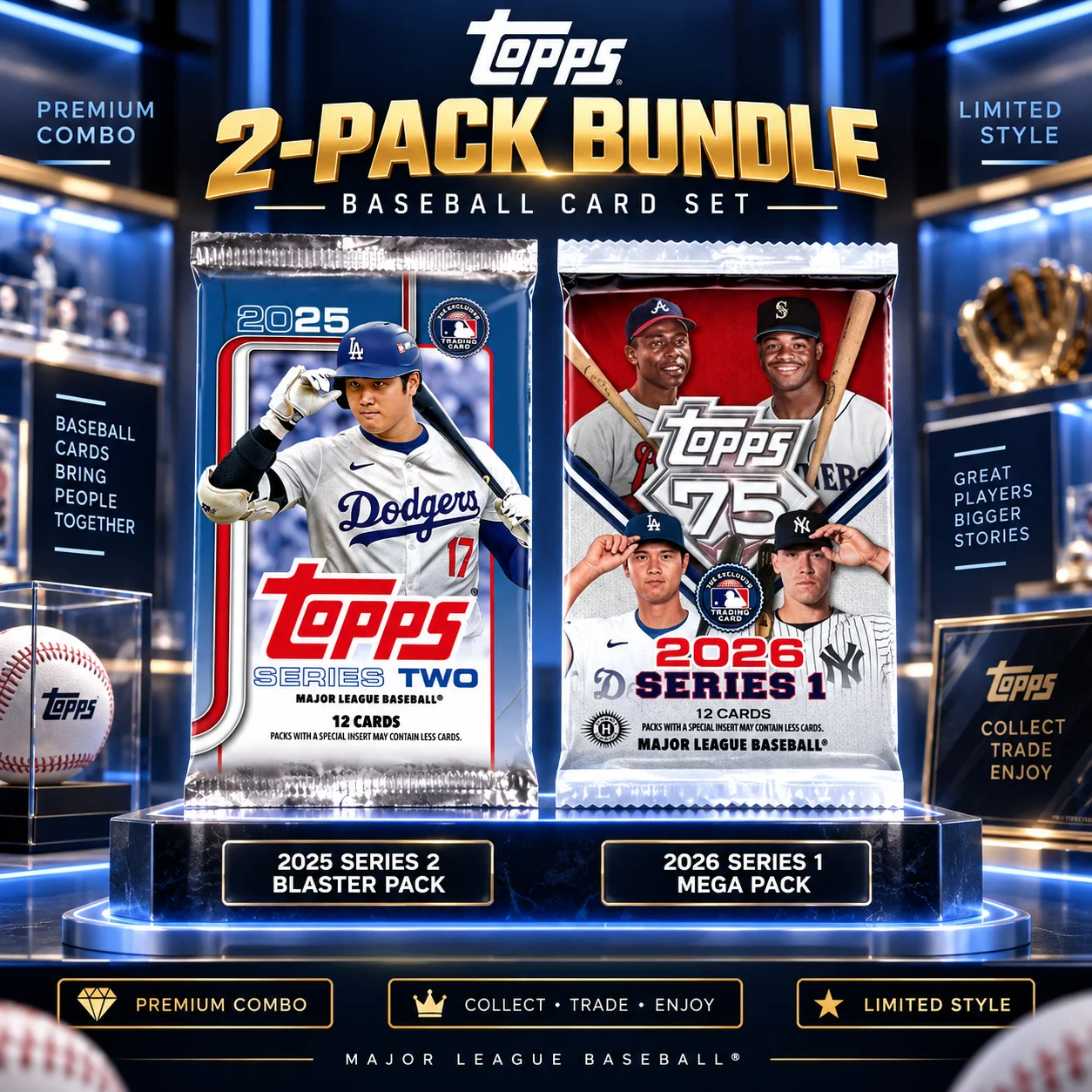 2025 Topps Series 2 & 2026 Topps Series 1 Baseball 2-Pack Bundle, Blaster Pack with 12 Cards & Mega Pack with 14 Cards, Baseball Trading Card Combo Set for Collectors