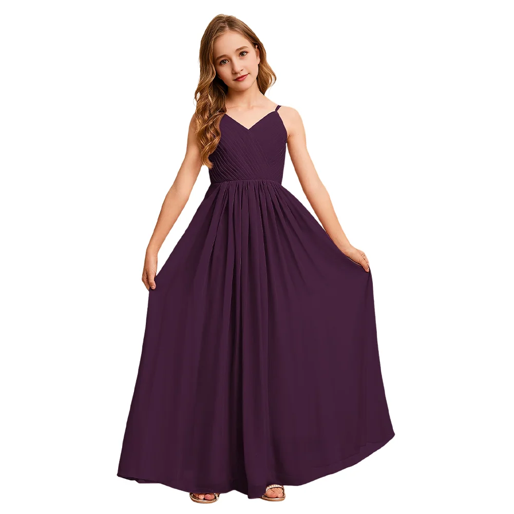 B Rose A Line V-образным вырезом Платье для подружек невесты Платье с цветочным узором для девочек Шифоновое платье длиной до пола для девочек Вечеринка Свадебная официальная одежда