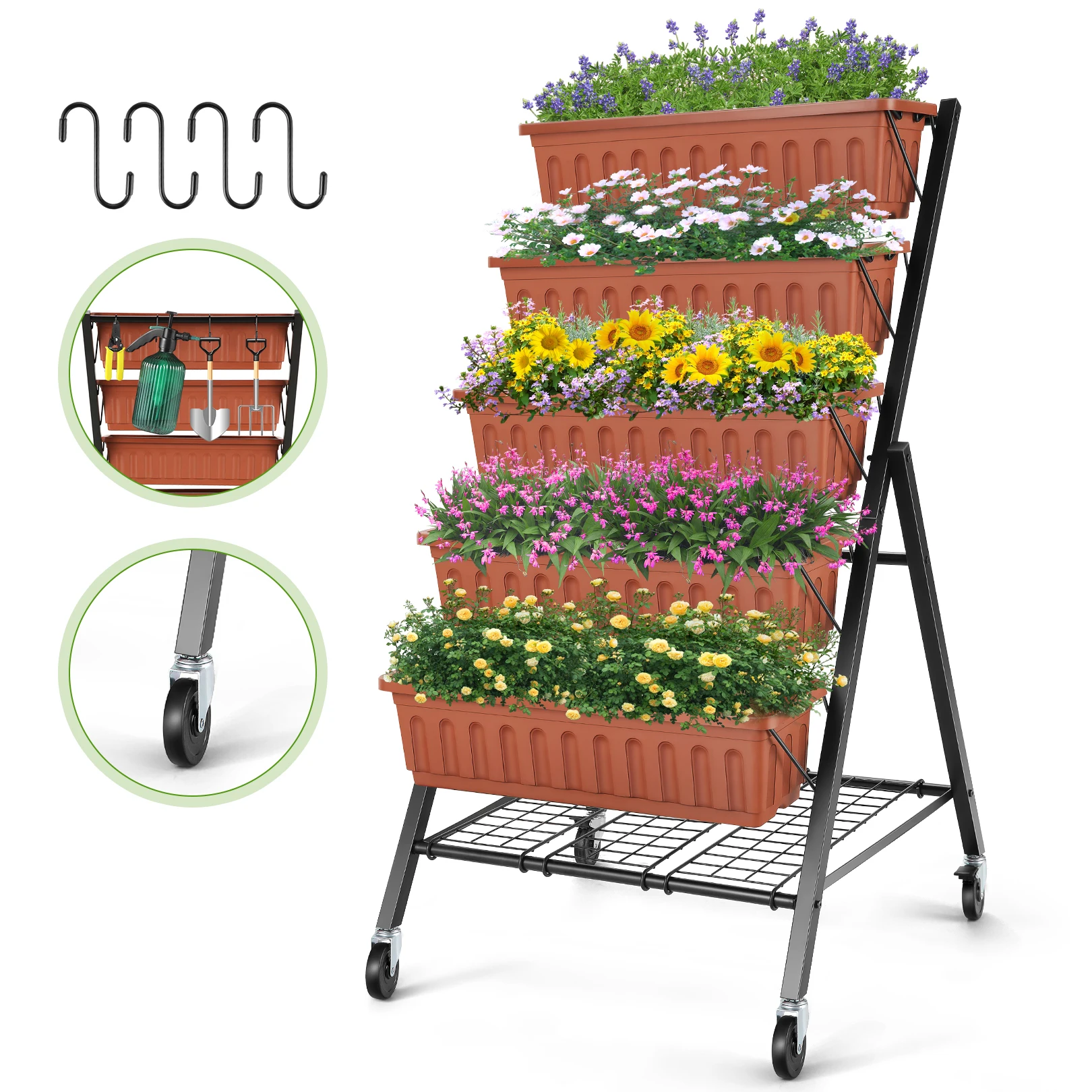 4ft Vertical Garden with Removable Locking Wheels 5-Tier Raised Garden Bed Planter Box for Patio Outdoor with Storage Shelf