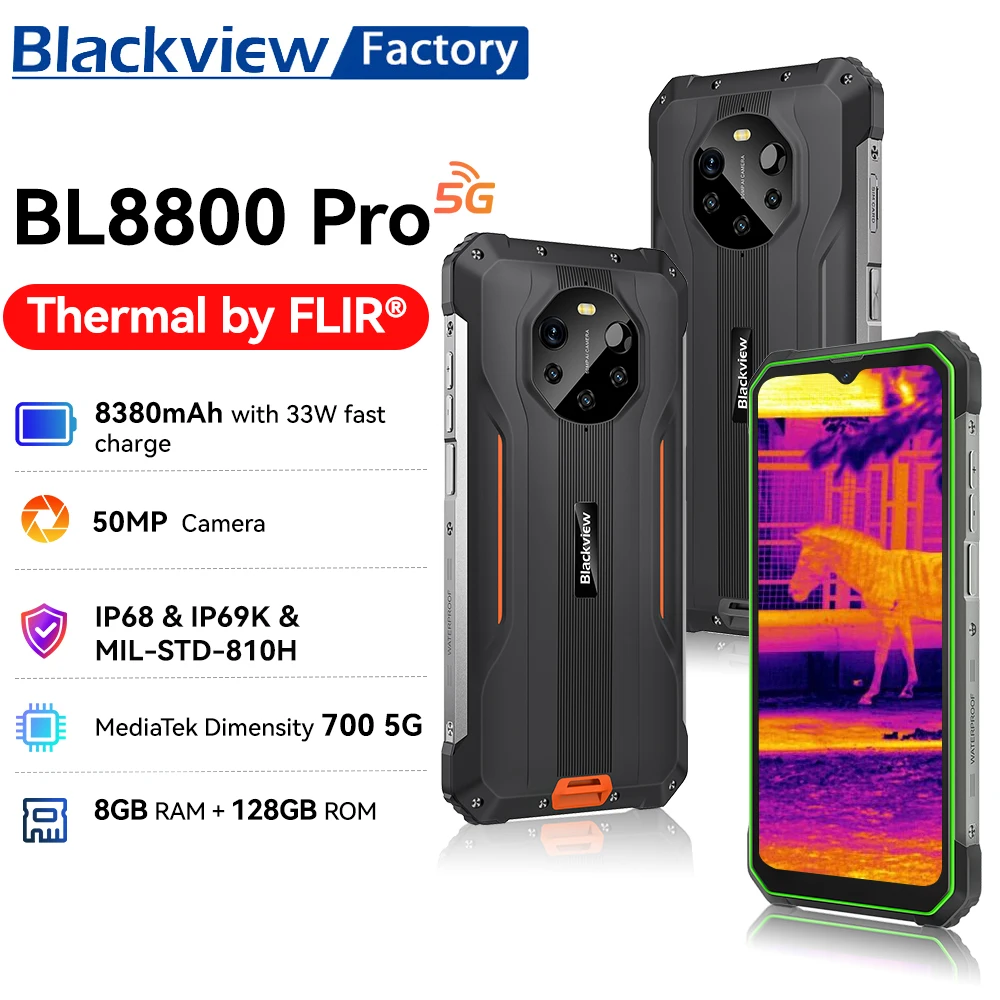 Blackview BL8800 Pro — защищенный смартфон с 6,58-дюймовым IPS+ дисплеем, тепловизионной камерой FLIR, поддержкой 5G, 8 ГБ оперативной памяти и 128 ГБ встроенной памяти, аккумулятором 50 МП и батареей 8380 мАч, операци