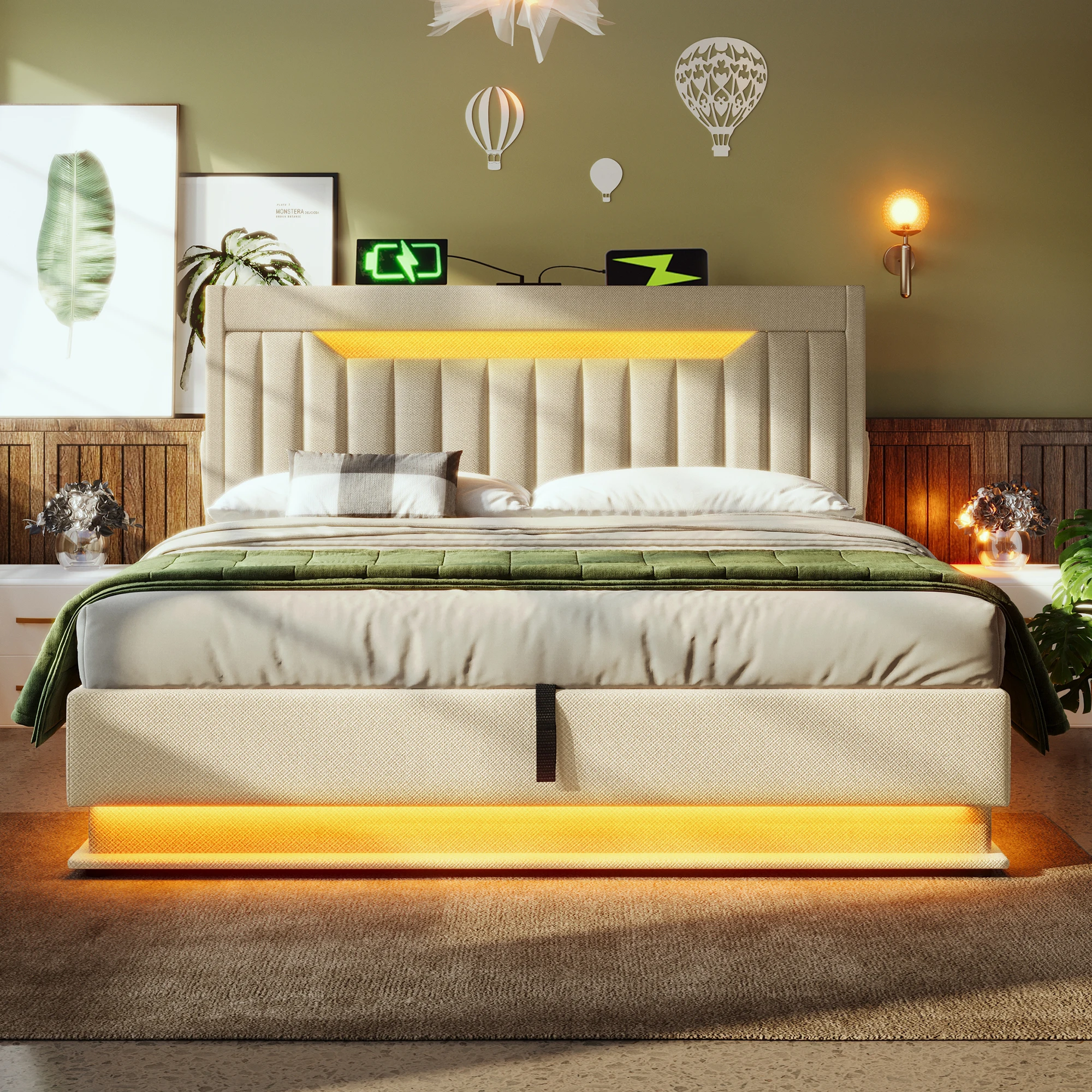 Lit 140x200 cm avec espace de rangement hydraulique, lit double beige en lin avec tête de lit de rangement, LED aux extrémités de la tête et des pieds, 3 ports USB et 1 port Type-C, sommier à lattes, matelas non inclus