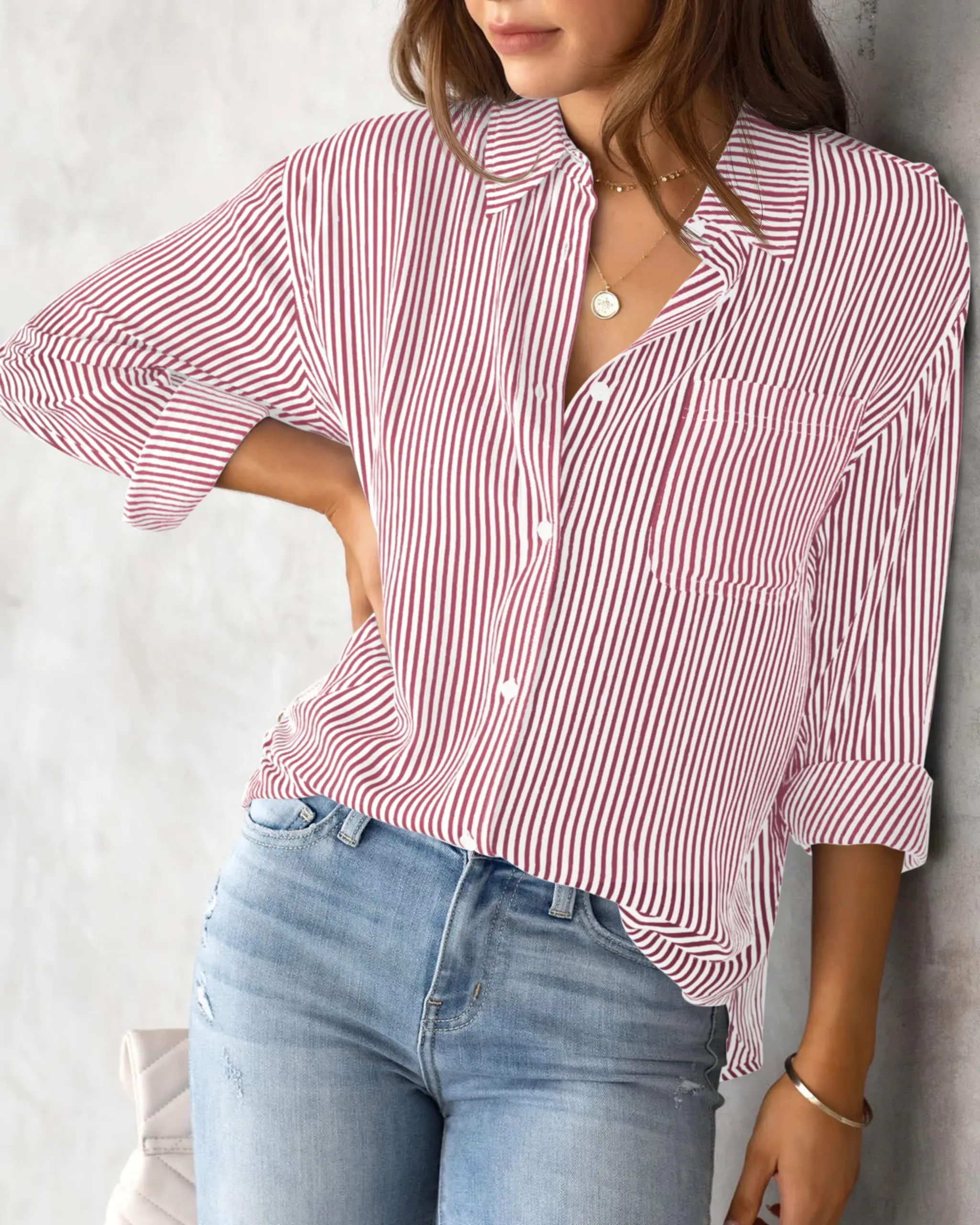 Women\'s Shirt Blouse Pink Striped classic Print,Button Long Sleeve Casual  No pockets Daily Basic Shirt 2024 Fall & Winter Tops