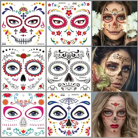 Halloween Temporary Tattoos Sticker Day Of The Dead La Catrina Face Tattoos Skull Waterproof Tattoos Sticker Party Makeup Decals