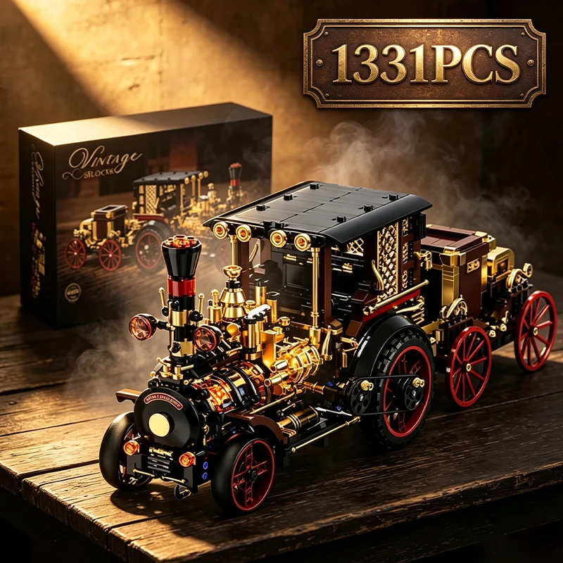 Technical 1331Pcs Classical Mechanical Steam Car Building Blocks Creative Vintage Vehicle Collection Decoration Bricks Toys Gift