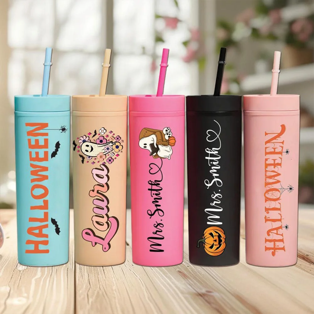 Personalized Halloween Slim Skinny Tumbler Custom Name Ghost Floral Pumpkin Bat Design Matte Cup With Straw Halloween Party Gift